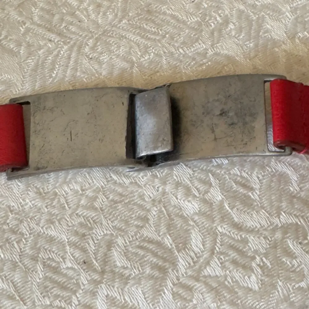 Vintage Cherry Red Leather Belt Pewter Buckle Aztec Mexican Adjustable 22-33”